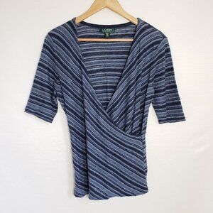 Blue Stripe Knit Linen Ralph Lauren Knit top Short Sleeve, Cross Front | Medium